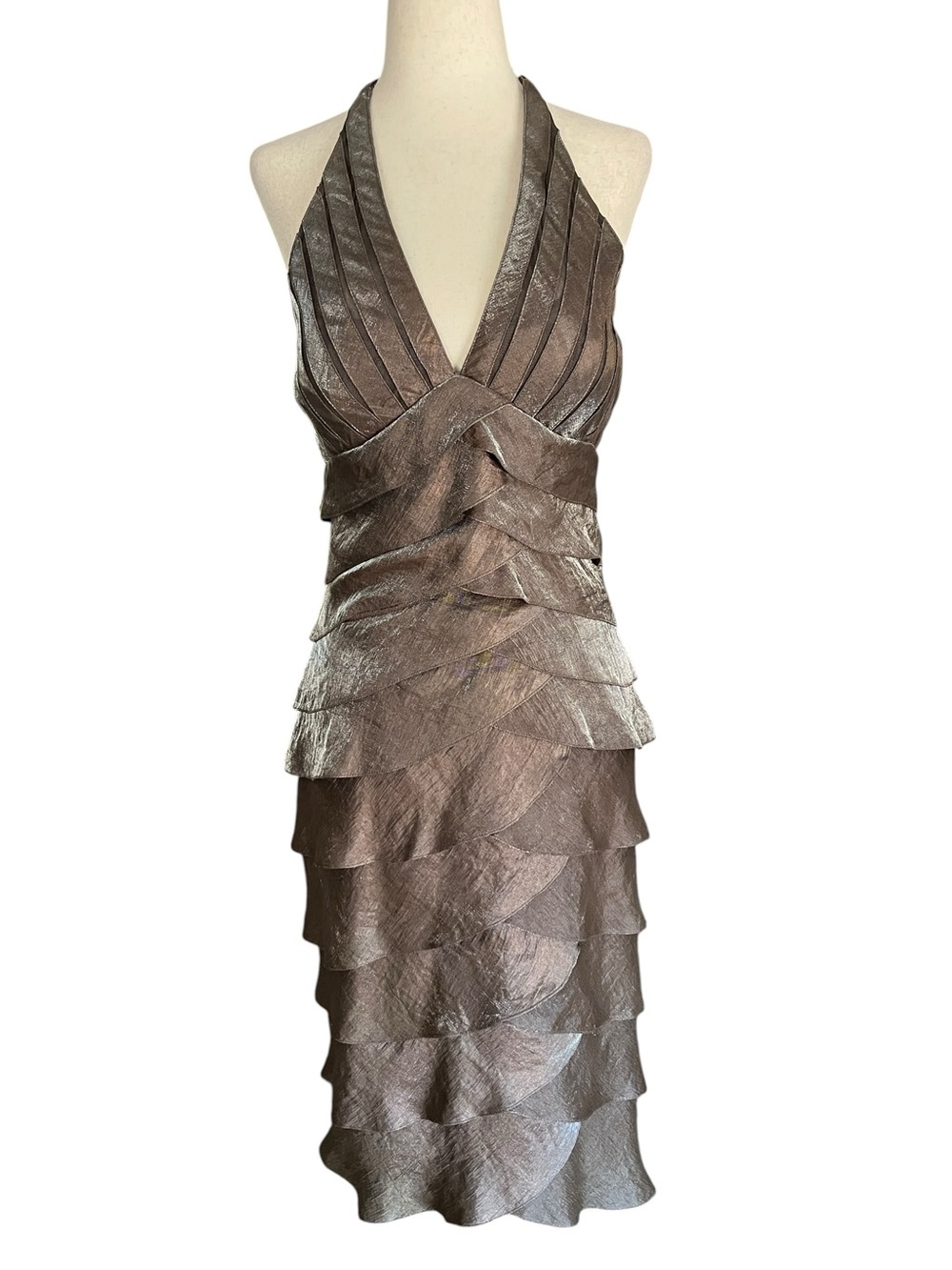 Caché latte' brown bronze metallic tiered ruffle halter cocktail dress